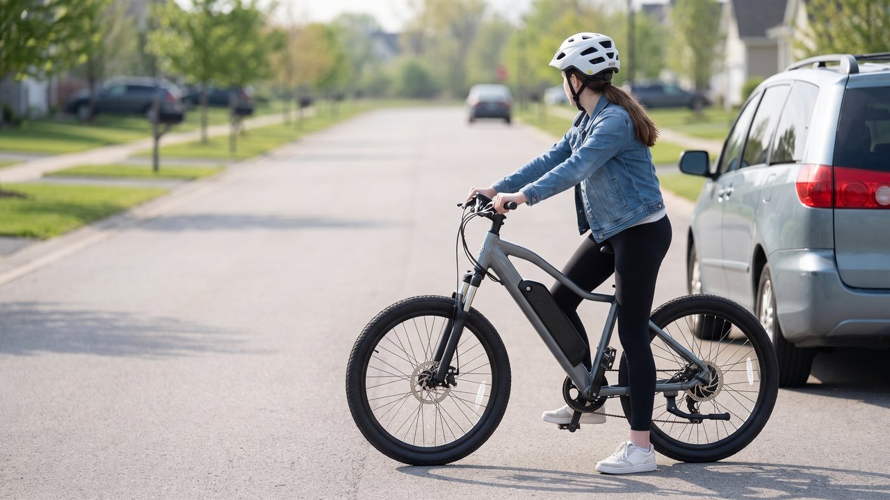 A rider with the body turned, holding a look at a car some distance back, before moving out at all.