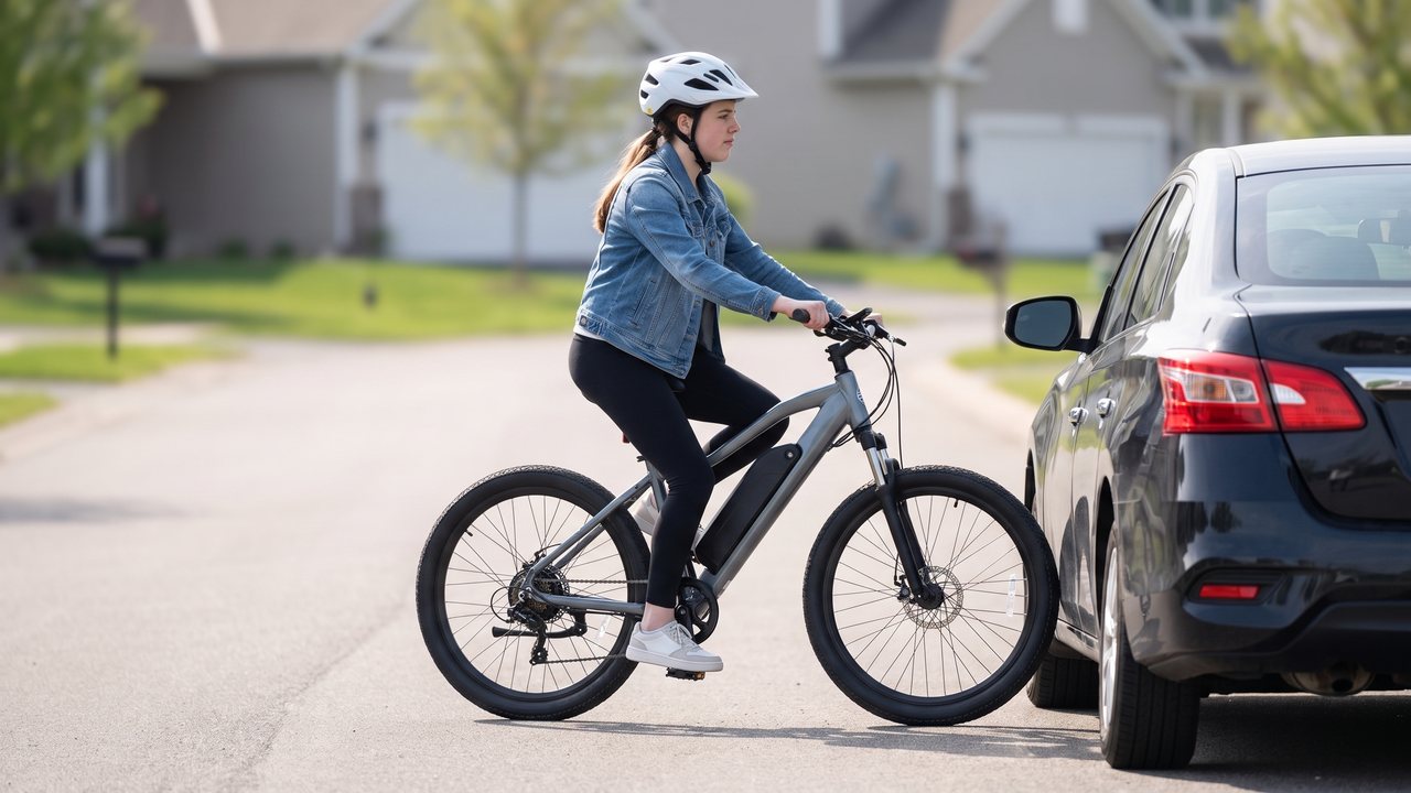 A rider moving out around a parked car with their head still facing forward.