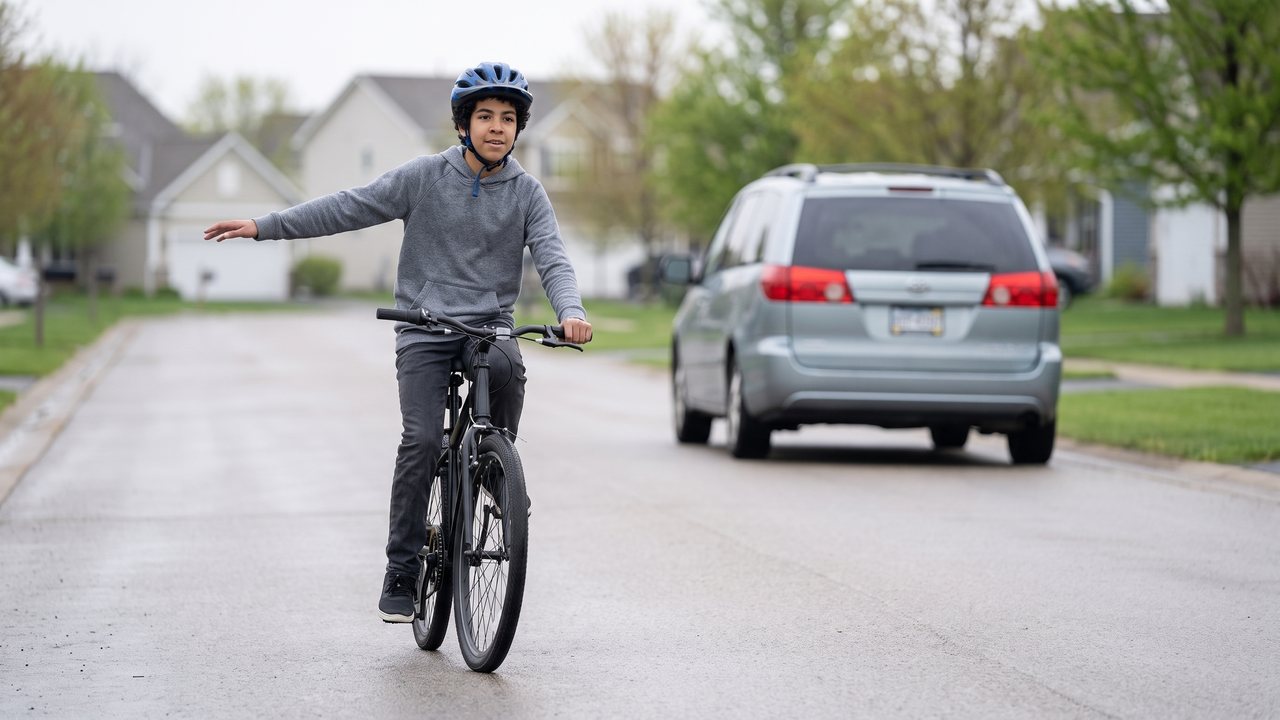 A rider moving across a lane with an arm out while a car behind holds its speed.