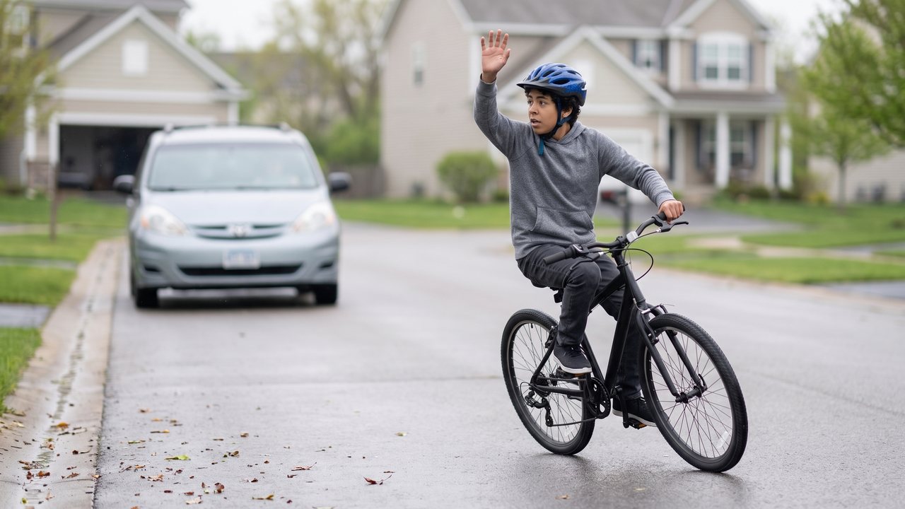 A rider waving an arm up and down at a following car while already drifting across the lane.