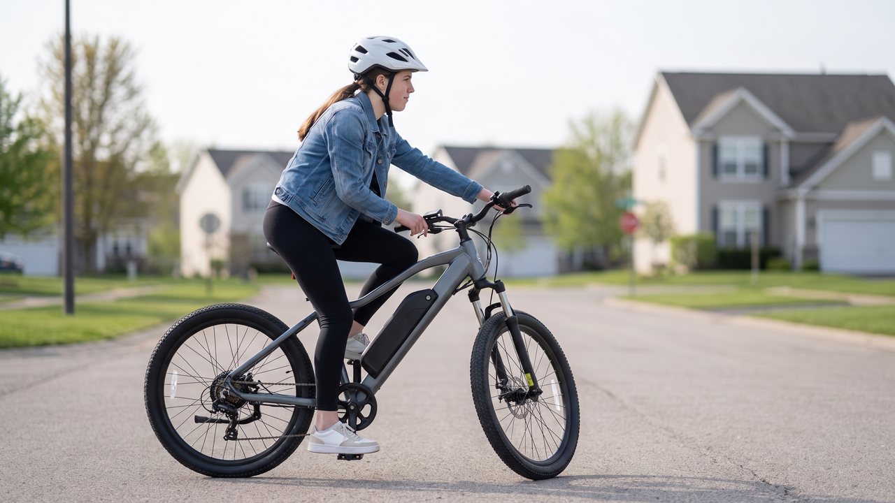 A rider rolling through a stop sign on an empty residential intersection without putting a foot down.