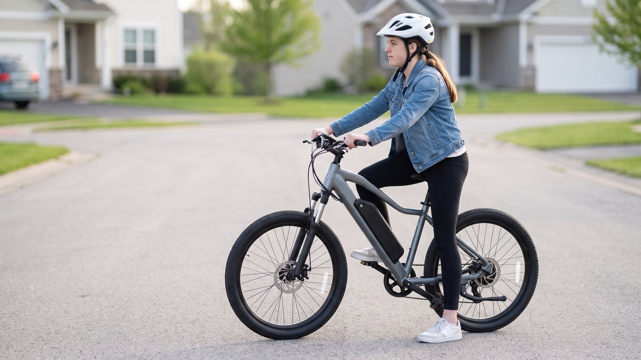 A rider stopped at a stop sign with one foot down and the far pedal already up at two o'clock.