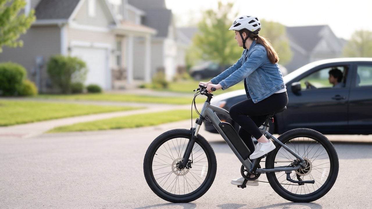 A rider slowing at a stop sign while glancing back at a parked car with somebody sitting in it.