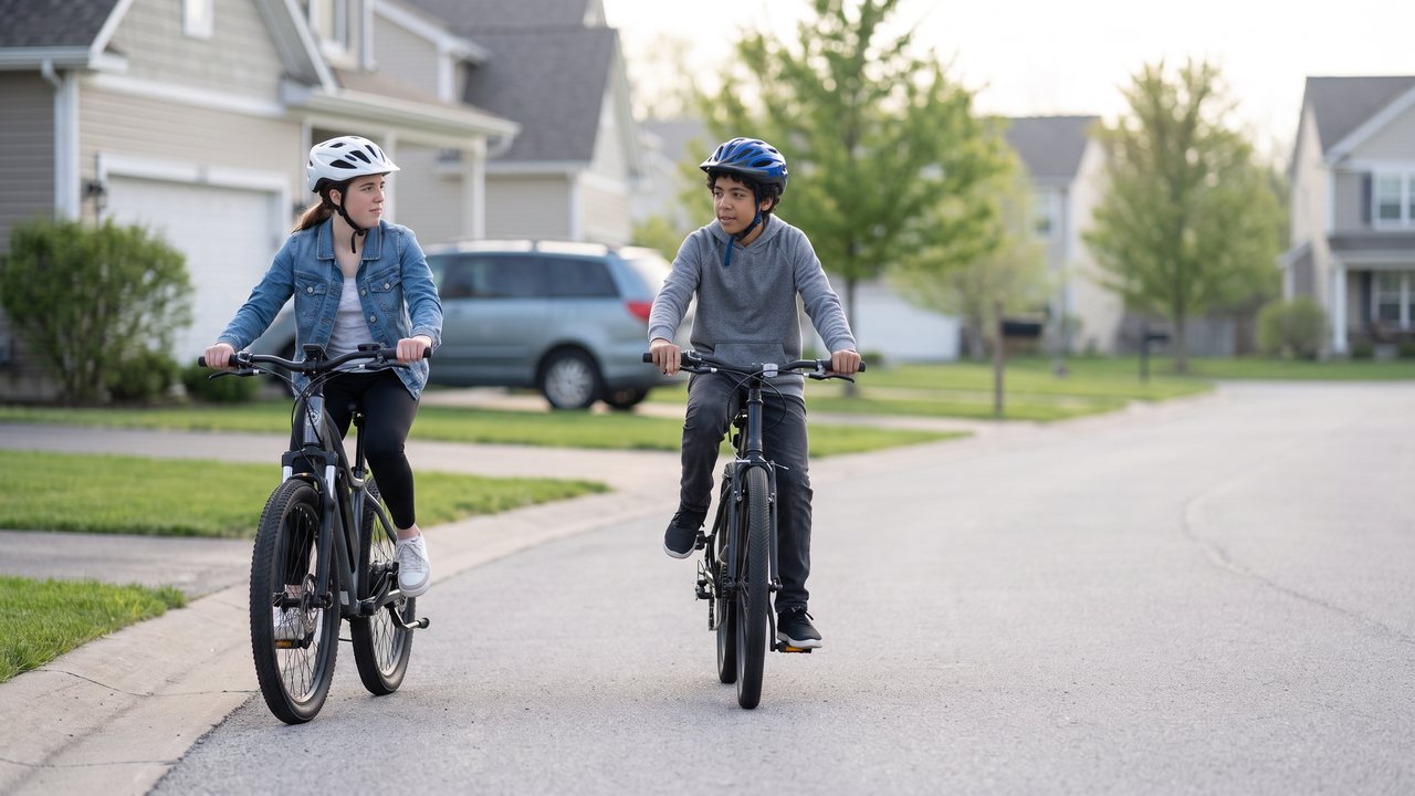 Two riders in buckled helmets side by side on a quiet street, taking up most of the lane between them.