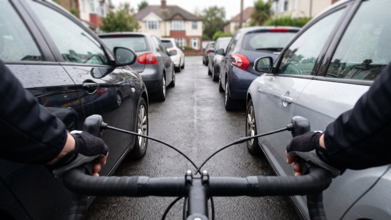 The view over your own handlebar on a narrow street with cars parked tight on both sides. The rider head is not in this picture.