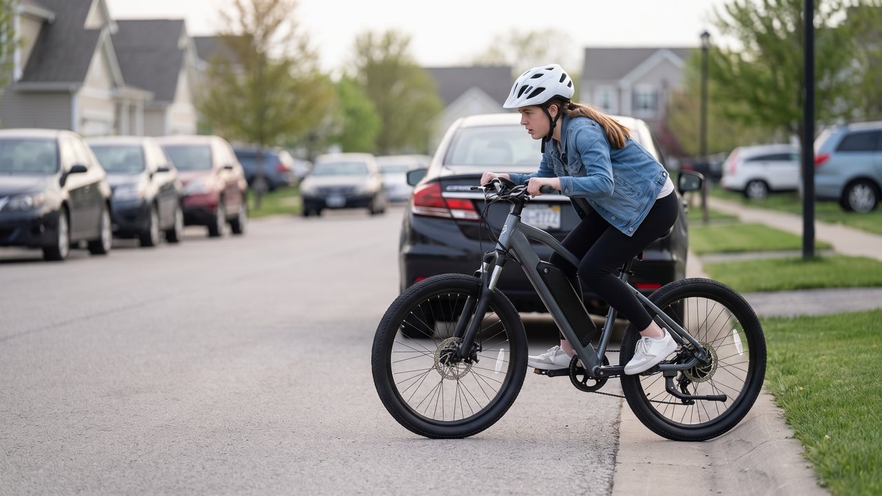 A rider tucked hard against the curb on a narrow street while a car squeezes past inside the same lane.