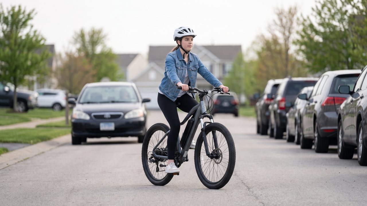 A rider riding in the center of a narrow lane with a car following behind at a steady distance.