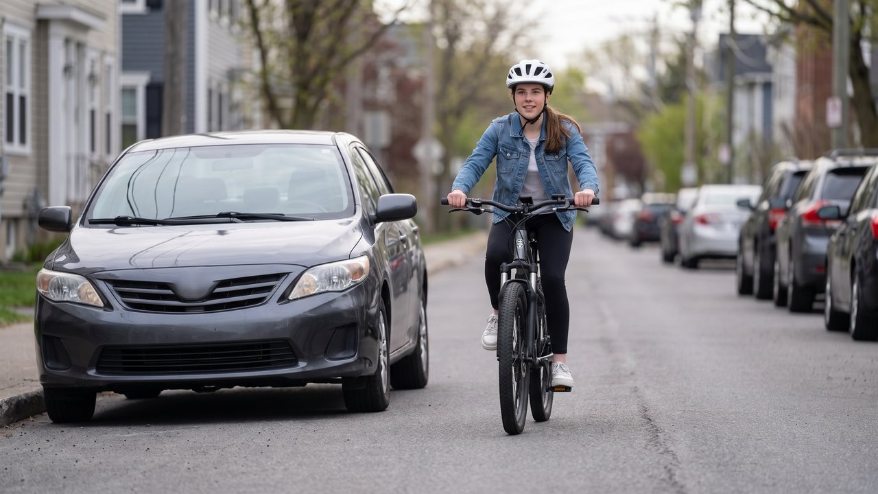 A rider three feet out from the curb in a narrow lane with a car edging alongside them.