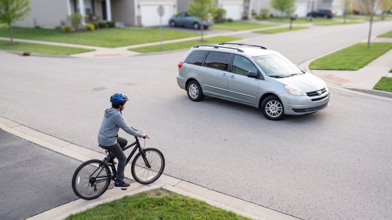 A boy in a buckled helmet waits at the edge of the street while a van comes through the junction ahead of him.