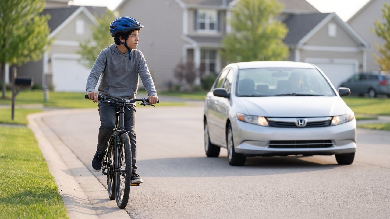 A rider carrying on straight past a slowing car near a side road with the car's front wheels beginning to turn.