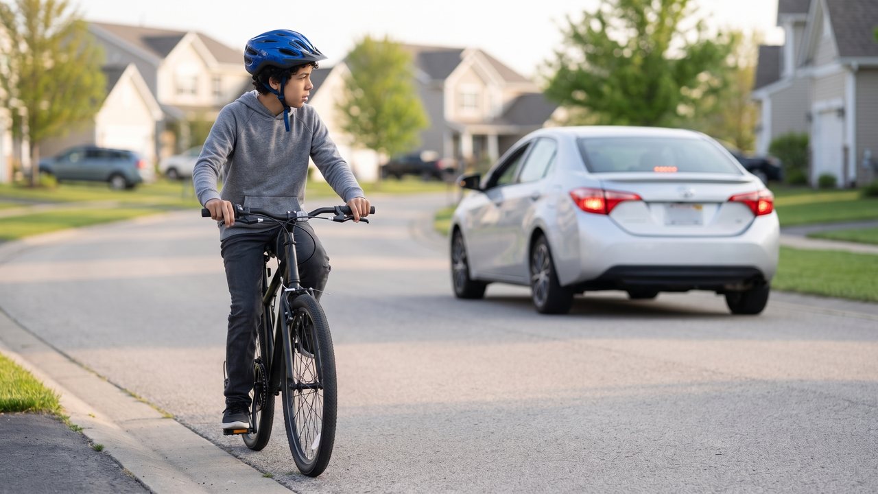 A rider easing off with fingers on both levers, watching a slowing car's front wheels near a side road.