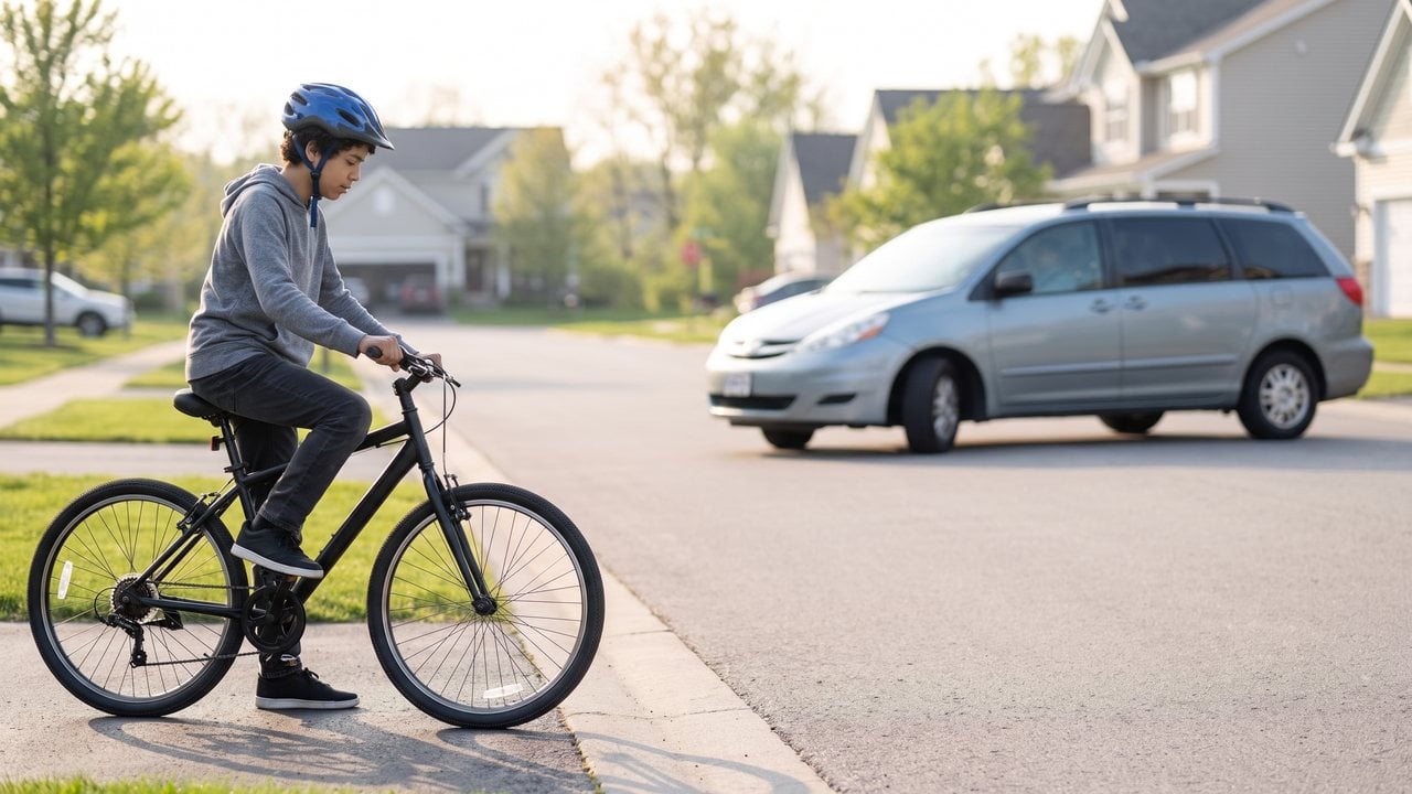 A rider moving closer to the curb as a car begins turning right across their line.