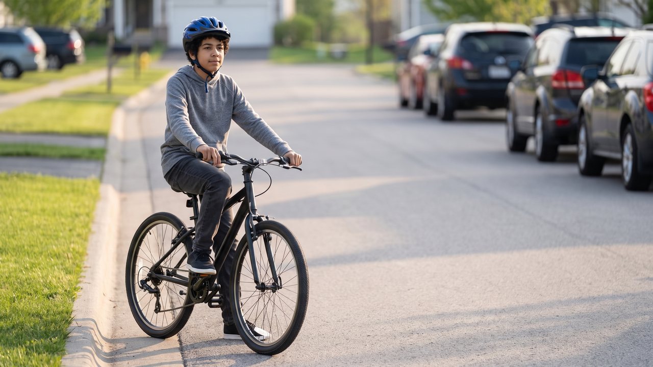 A boy in a buckled helmet riding a straight line along a quiet street, with cars parked along the far side.