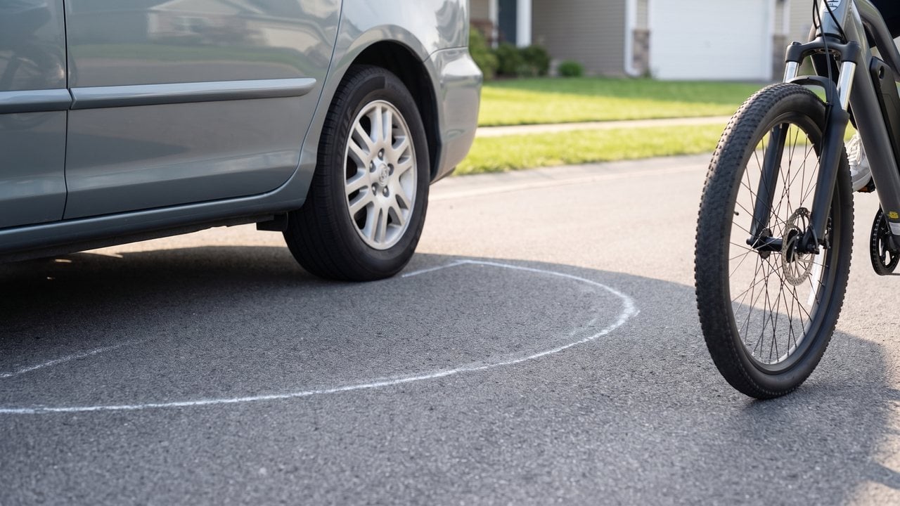 A chalk circle drawn on the road around a parked car, with a bike wheel stopped at the edge of it. The rider head is not in this picture.