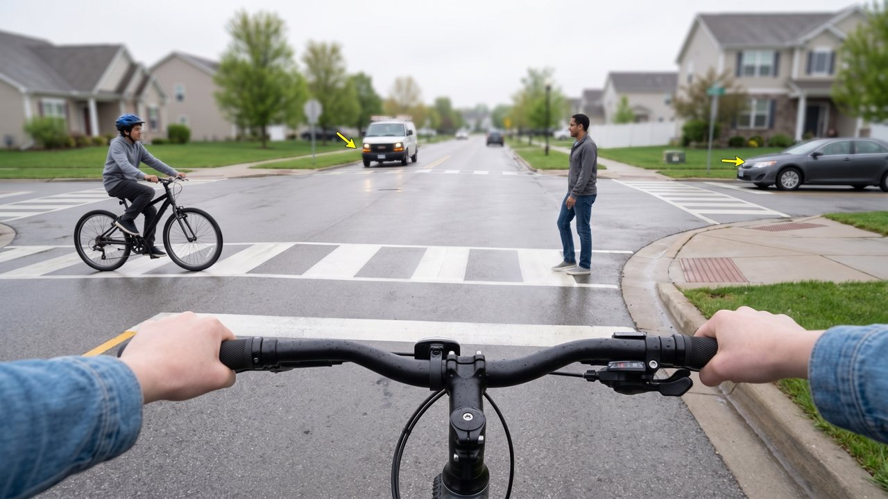 The view over your own handlebar at a crossing: another rider in a helmet coming across, someone waiting on the far corner, and two cars marked with yellow arrows.