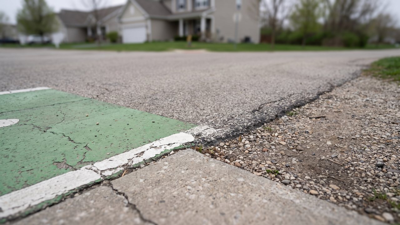 A green painted bike lane ends at a broken edge and loose gravel, seen from ground level. Nobody is in this picture.