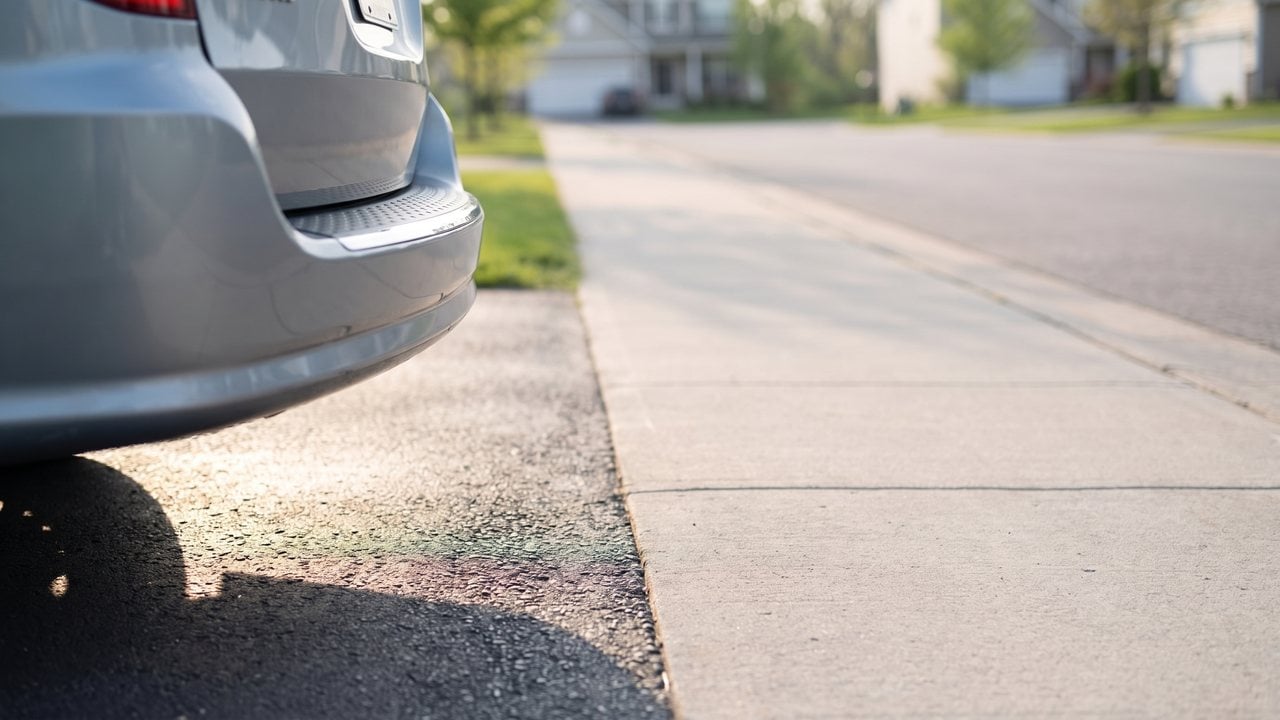 An overhead drawing of a car nosing out of a driveway with a shaded cone showing where the driver is looking, pointed up the roadway, and the sidewalk crossing in front of the hood left completely outside the cone.