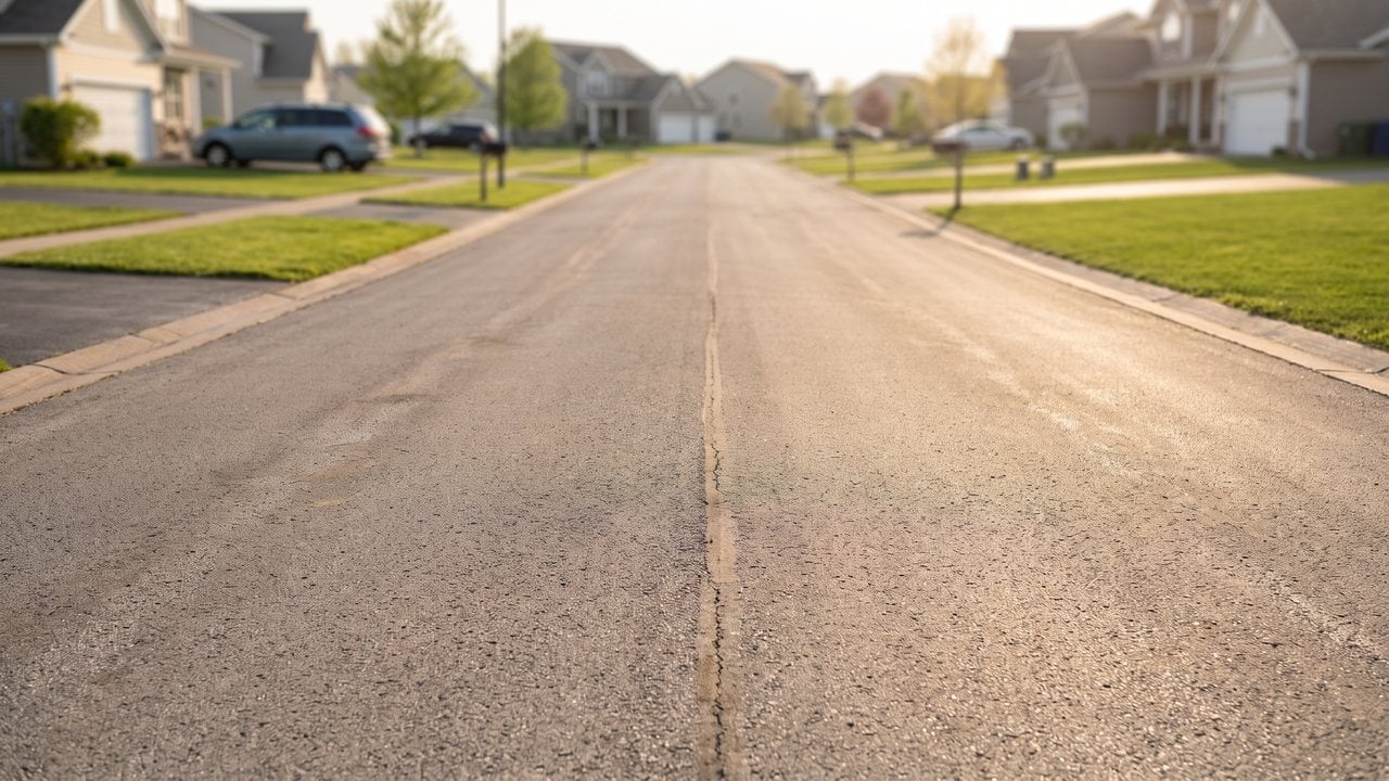 A perfectly ordinary suburban street photographed at a town boundary: the same asphalt, the same curb, the same houses, and a small green sign at the side reading the name of the next village.