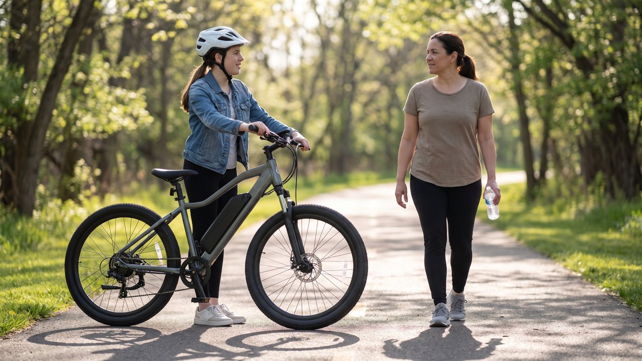 A path drawn side-on with two figures: a rider on an e-bike with the helmet, the machine's weight and the closing speed labelled beside them, and a person walking with a coat, a bag and nothing else labelled at all.