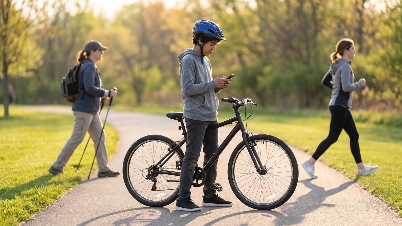 A boy in a buckled helmet stands beside his bike on a shared path looking at his phone, while a walker and a runner go past him.