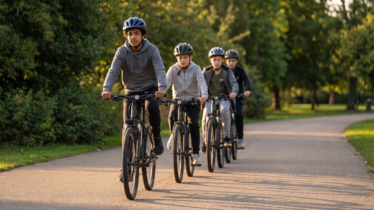 Four riders in buckled helmets going along a shared path in single file, keeping to one side.