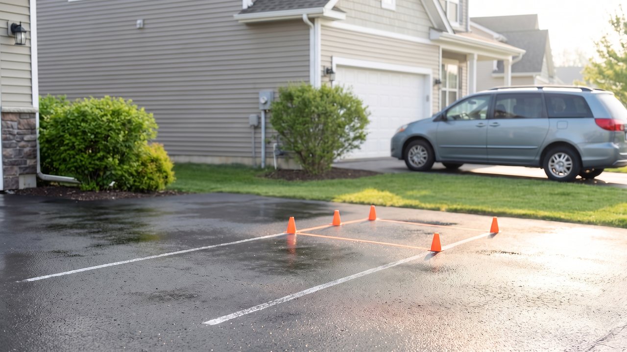 Orange cones and chalk lines set out on a wet driveway to mark a practice course. Nobody is in this picture.