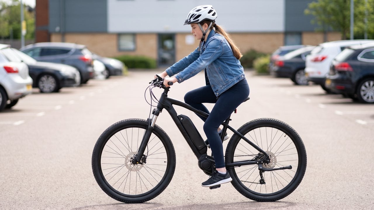 A girl in a buckled helmet riding slowly across a parking lot, seen from the side.
