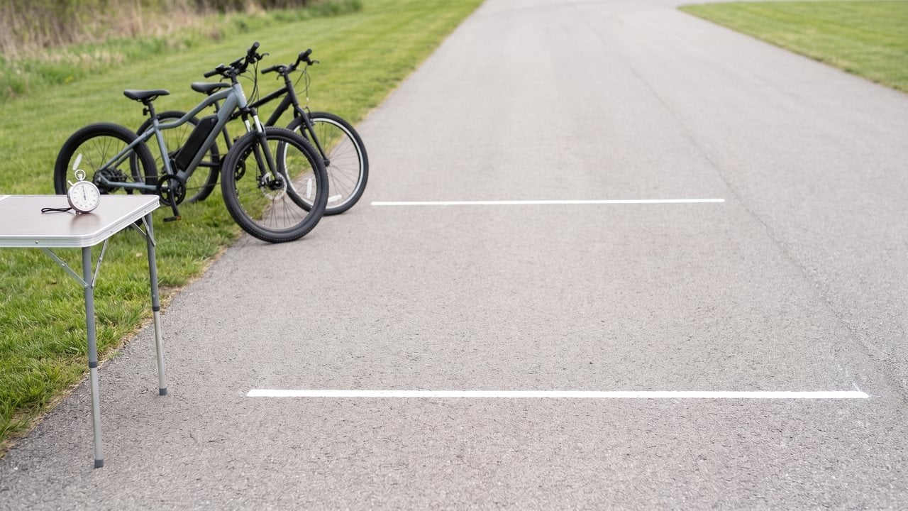 A stopwatch on a folding table next to two parked bikes, with two chalk lines marking out a braking test. Nobody is in this picture.