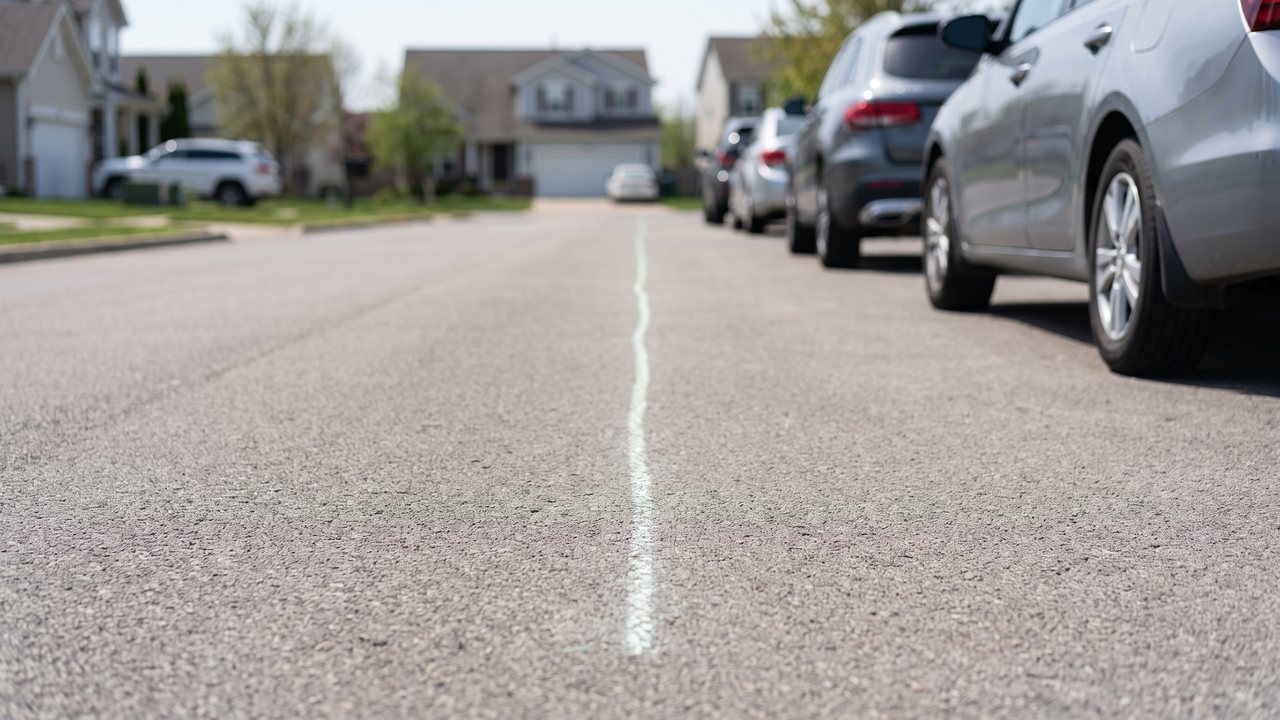 A chalk line drawn along a quiet street, seen from ground level, with cars parked down one side.