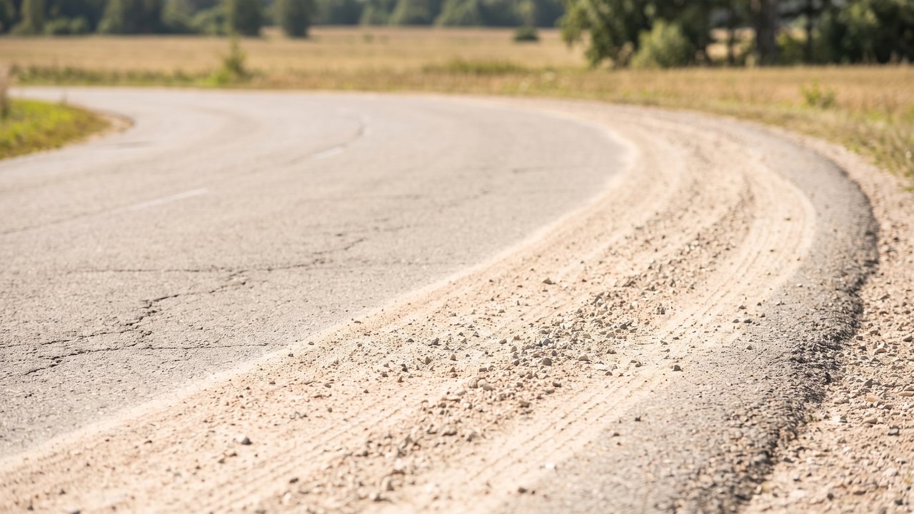 Loose gravel and sand built up along the outside edge of a bend in a country road.