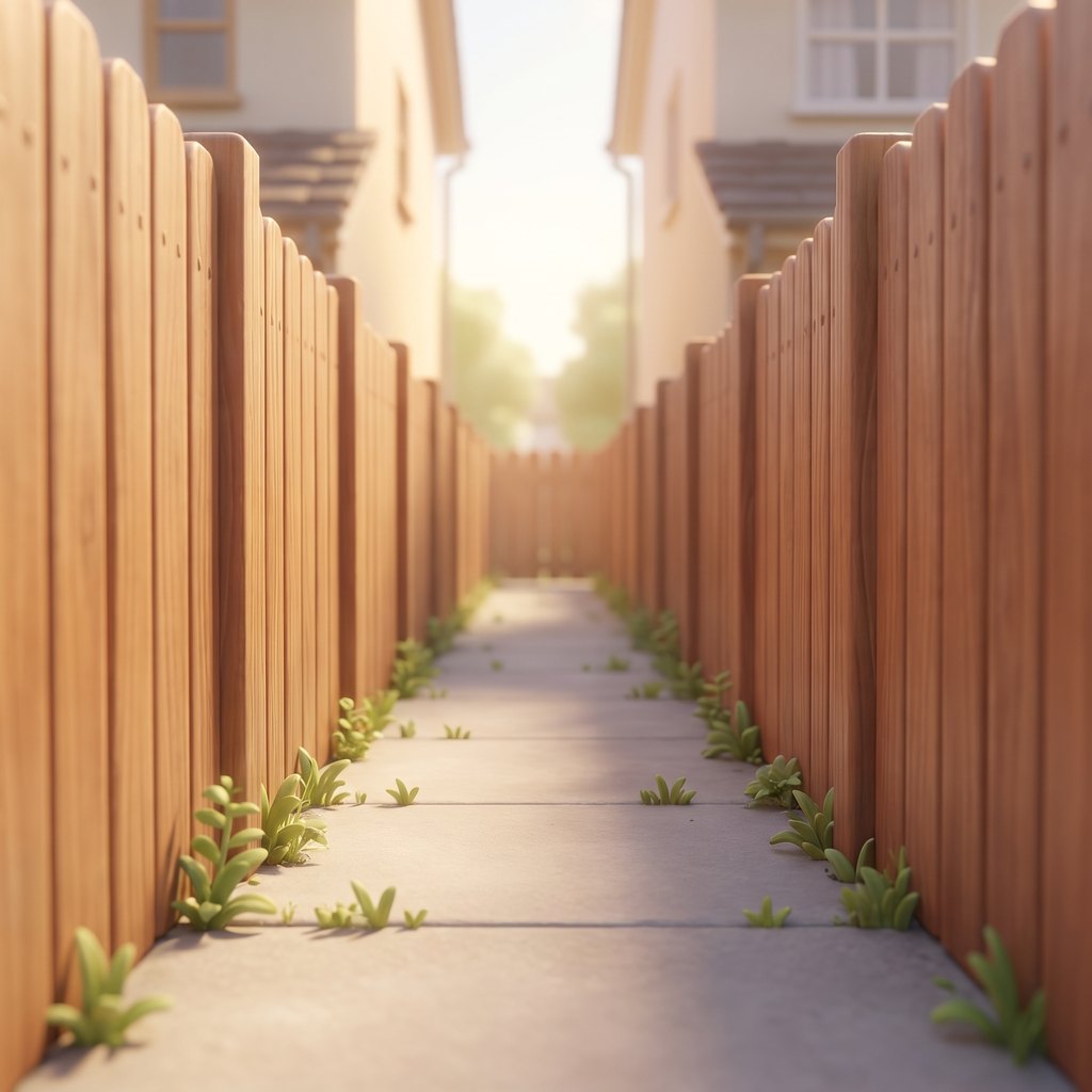 Looking down a narrow alley with high fences on both sides and daylight visible at the far end.