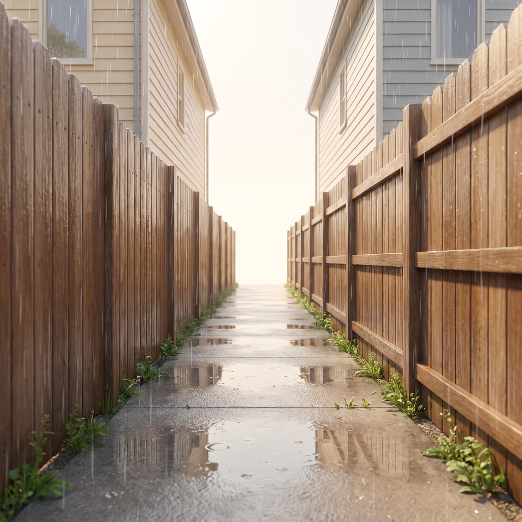 The same alley in heavy rain, identical, just wetter.