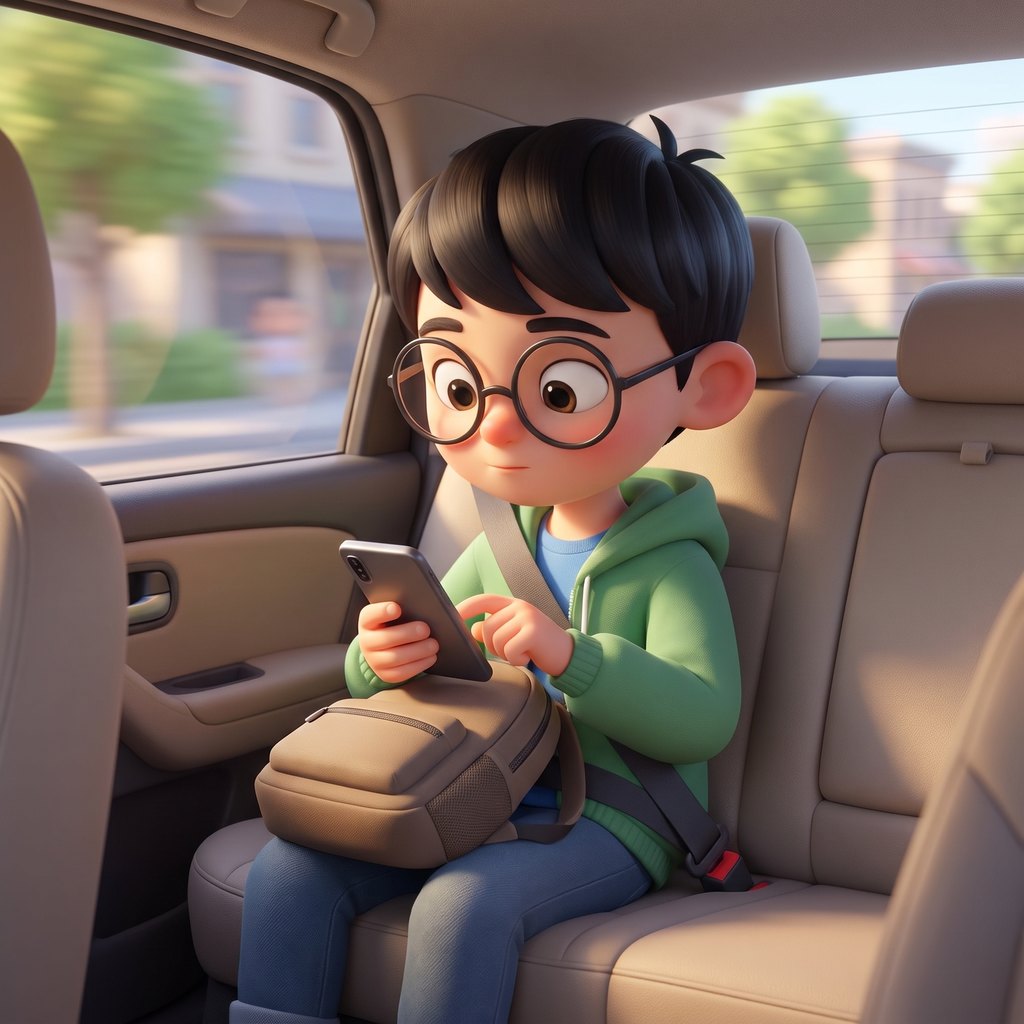 A kid in the back seat, phone up, street going past the window.