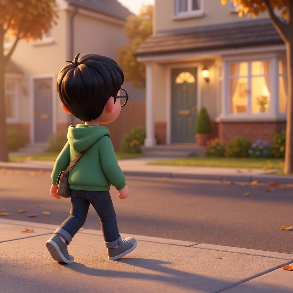 A kid walking away from the door towards a lit house two doors down.