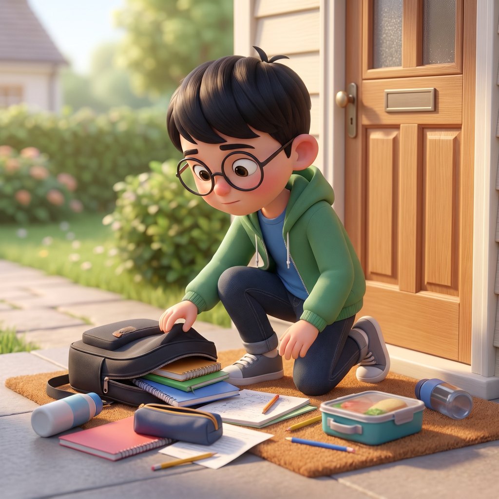 A kid crouched at a front door, bag upended, contents on the mat.