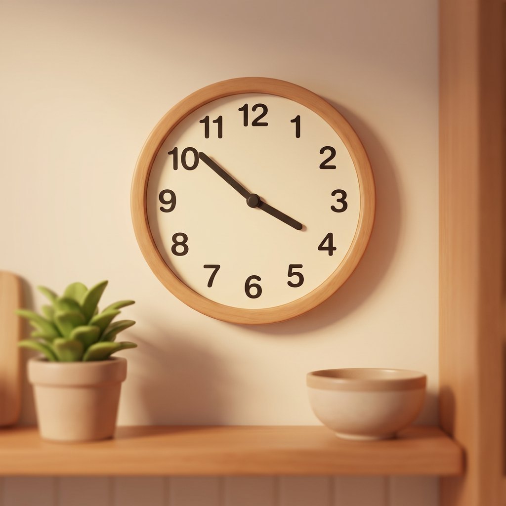 A clock on a kitchen wall reading ten past four.