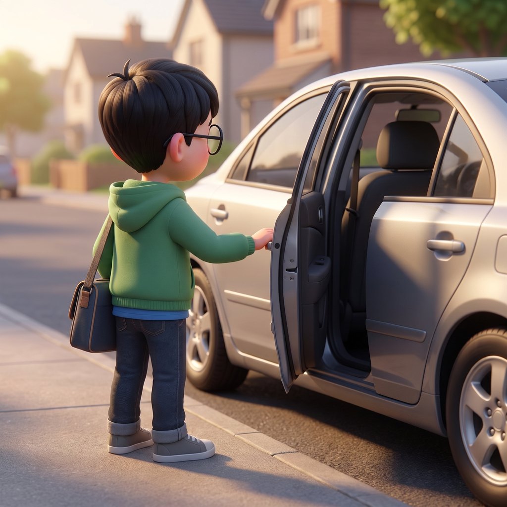 A kid opening a car door, bag still on one shoulder.