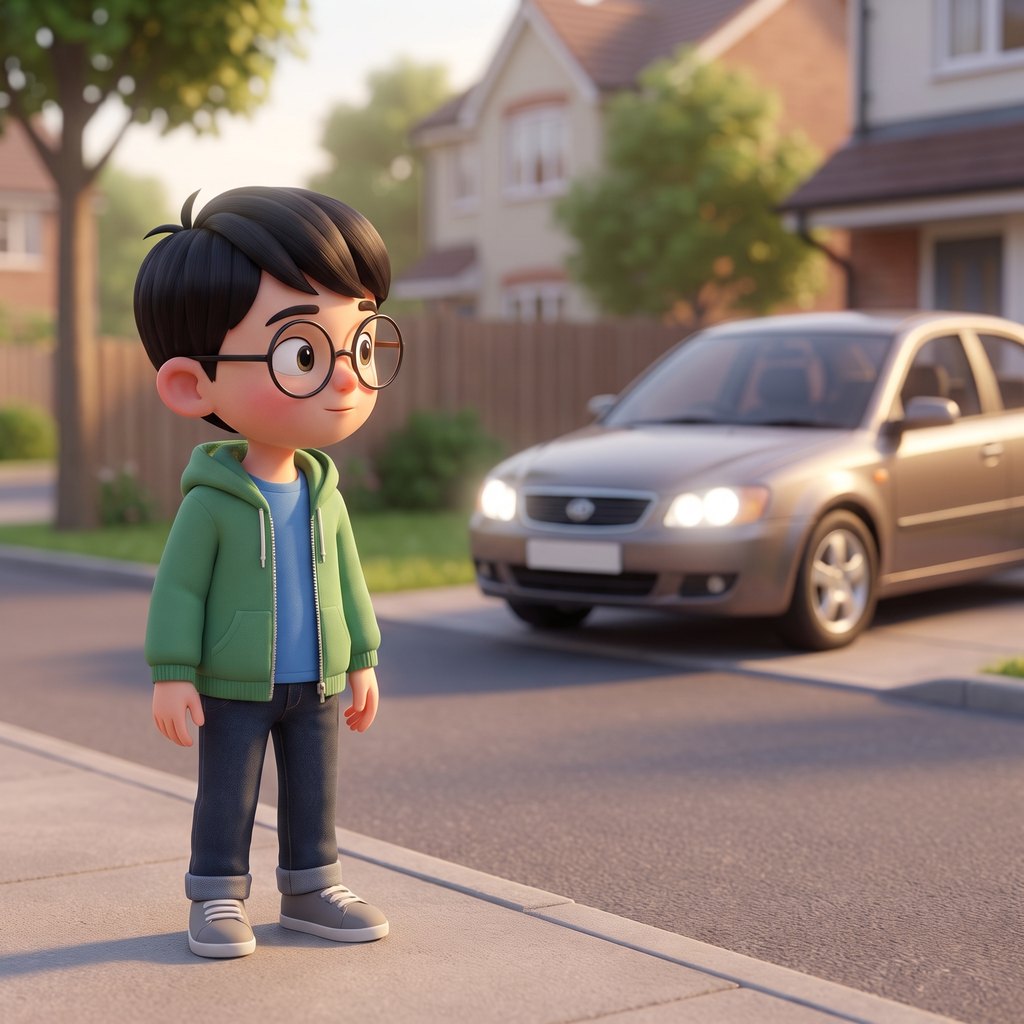 A kid head-up on a pavement, noticing a reversing car.