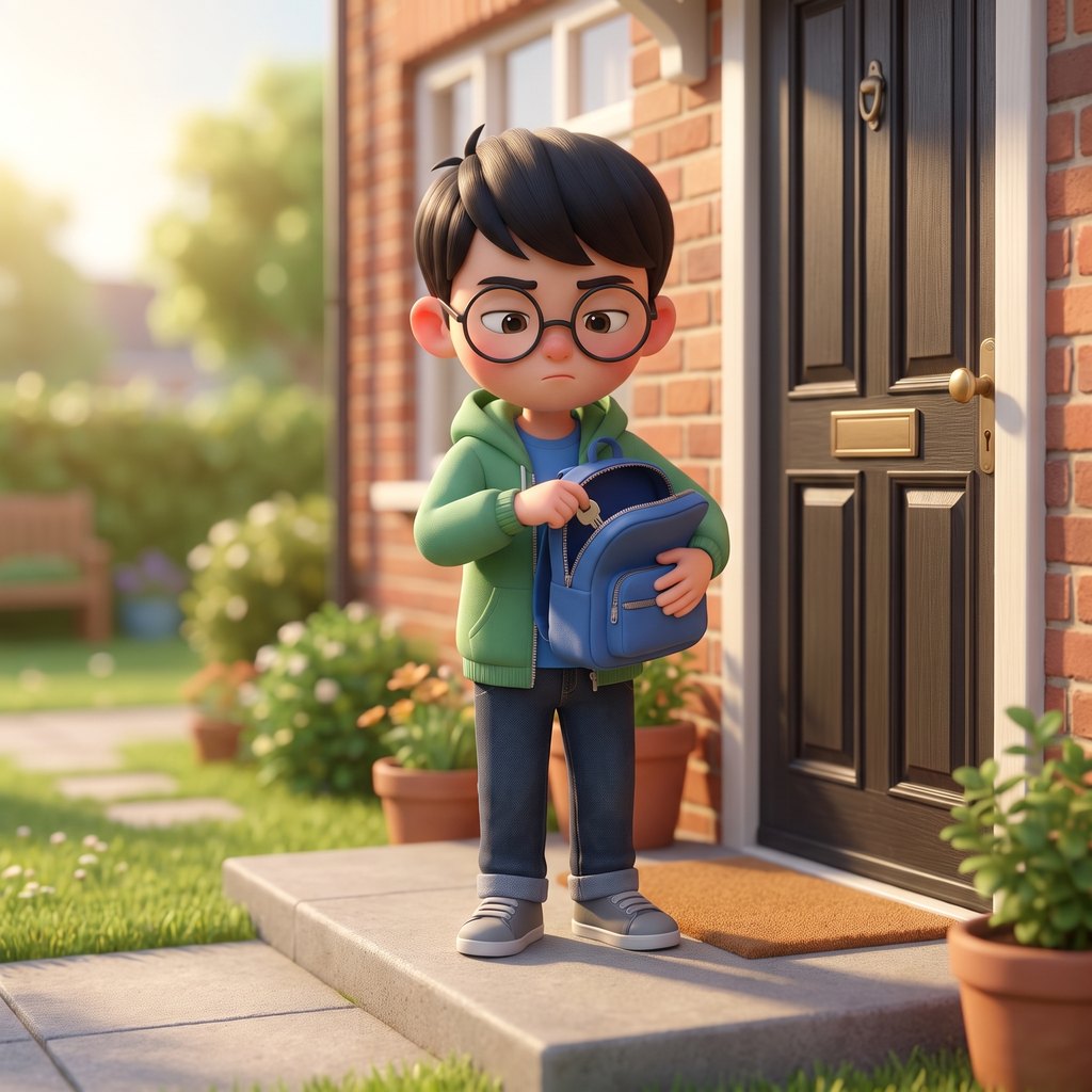 A kid on a doorstep with a bag open on the mat, digging through it.