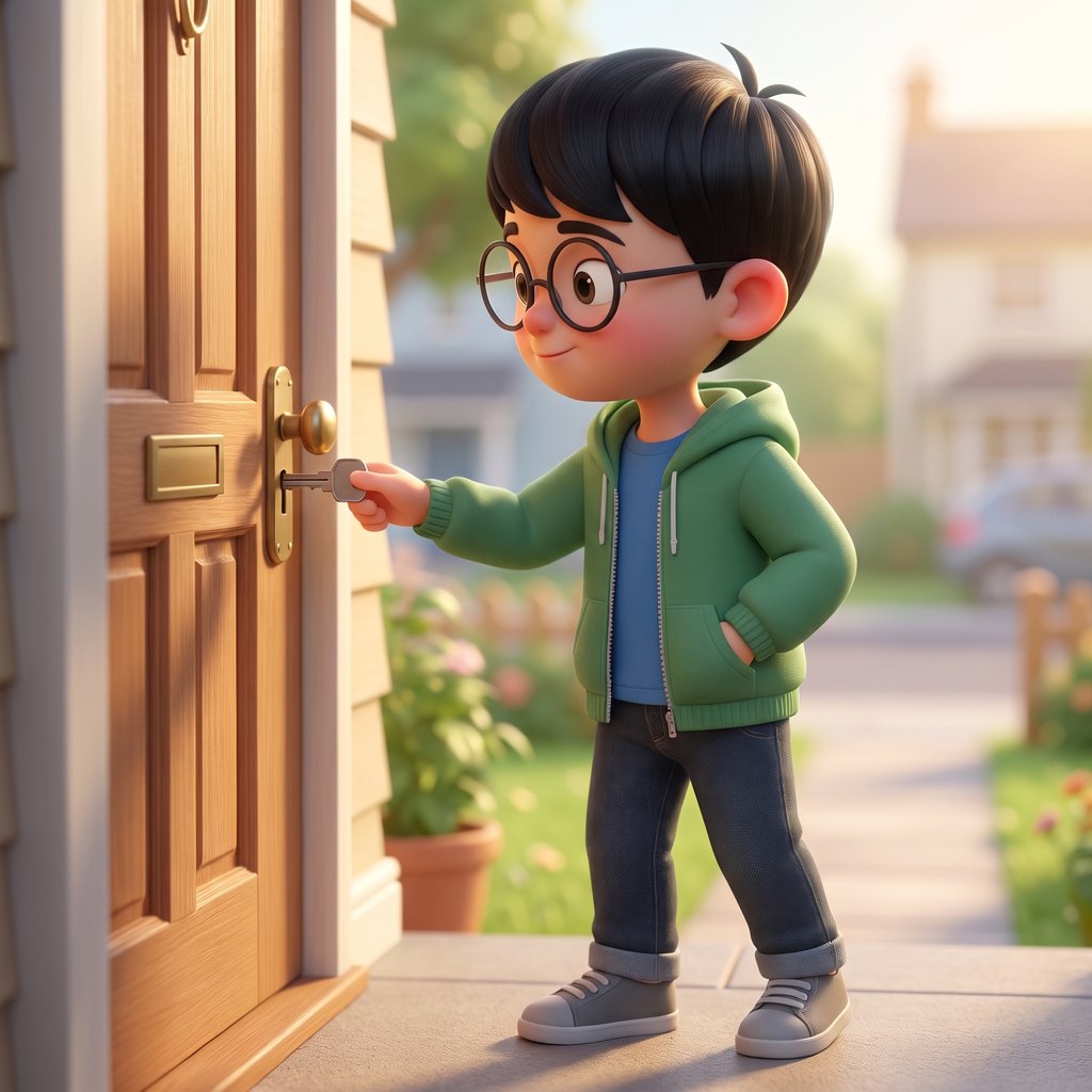 A kid on the path with one hand coming out of a pocket, key going straight into the lock.