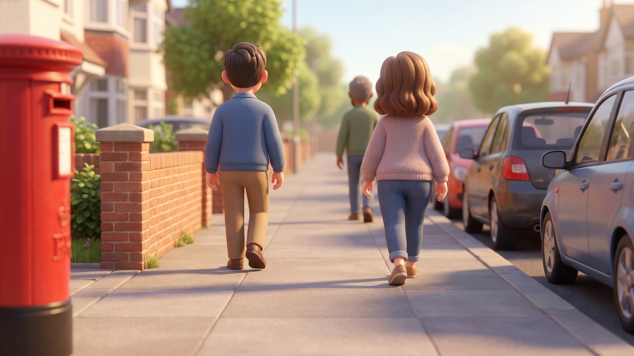 A head-up view walking past three people on an ordinary street, none of them looking back, the far end of the pavement in focus.