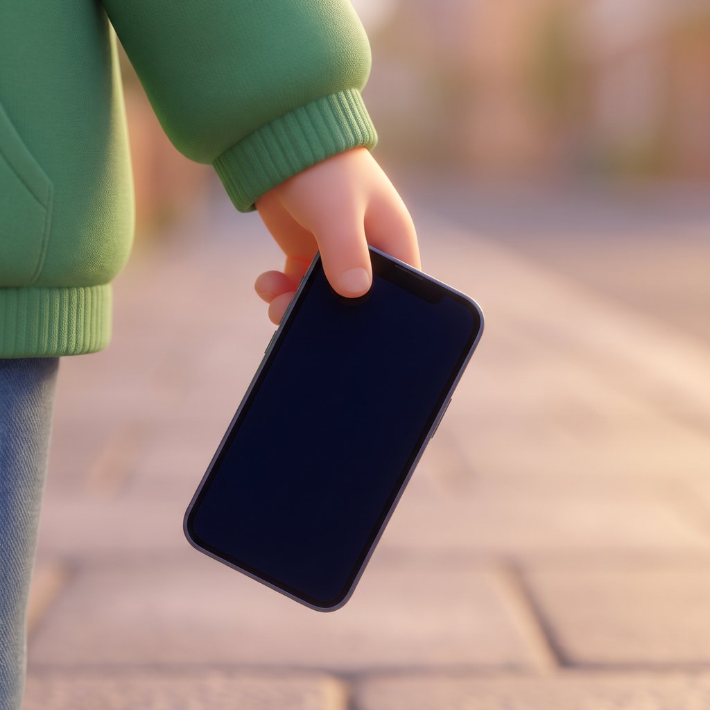 A hand reaching for a phone held loosely at a kid's side.