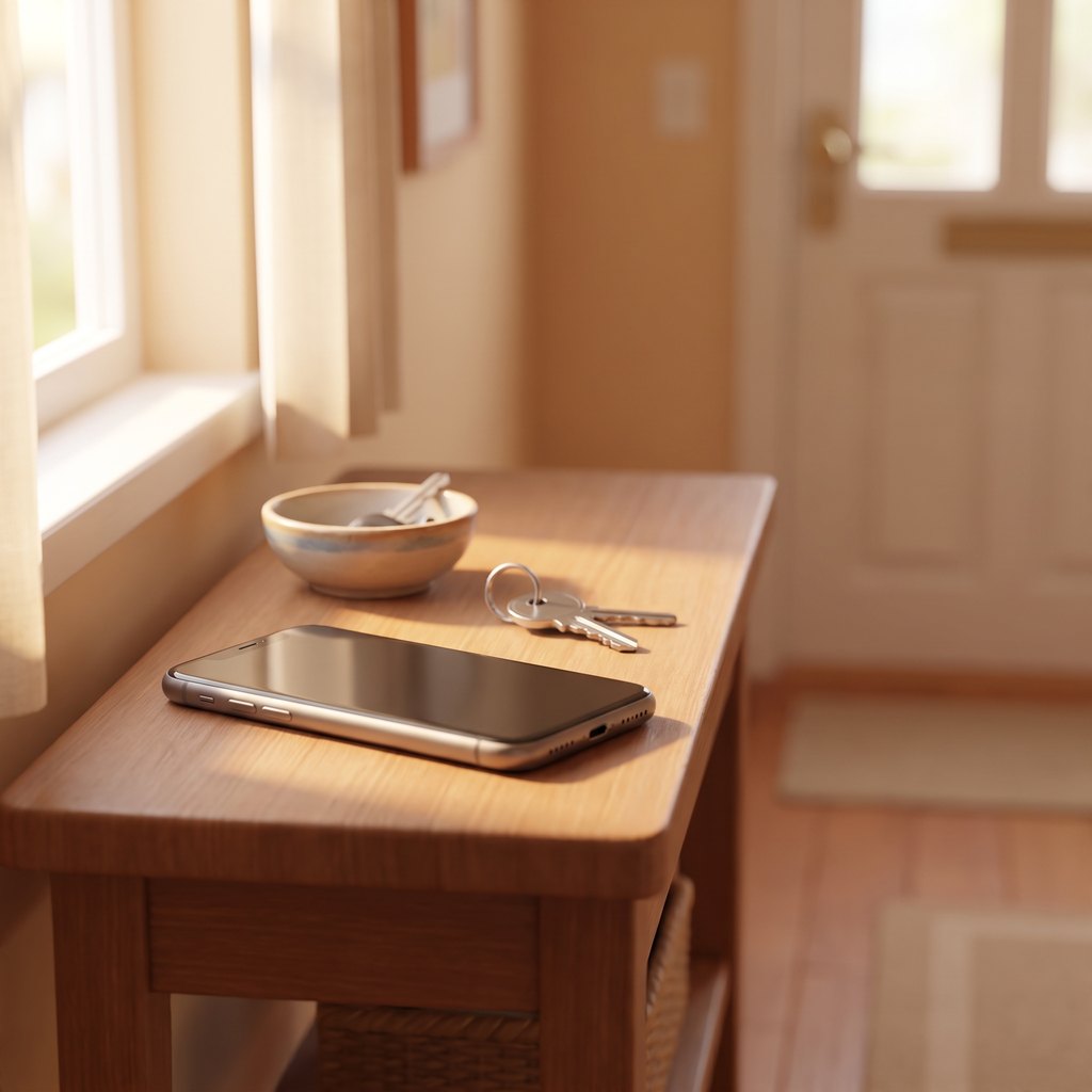 A phone face-down on a hall table.