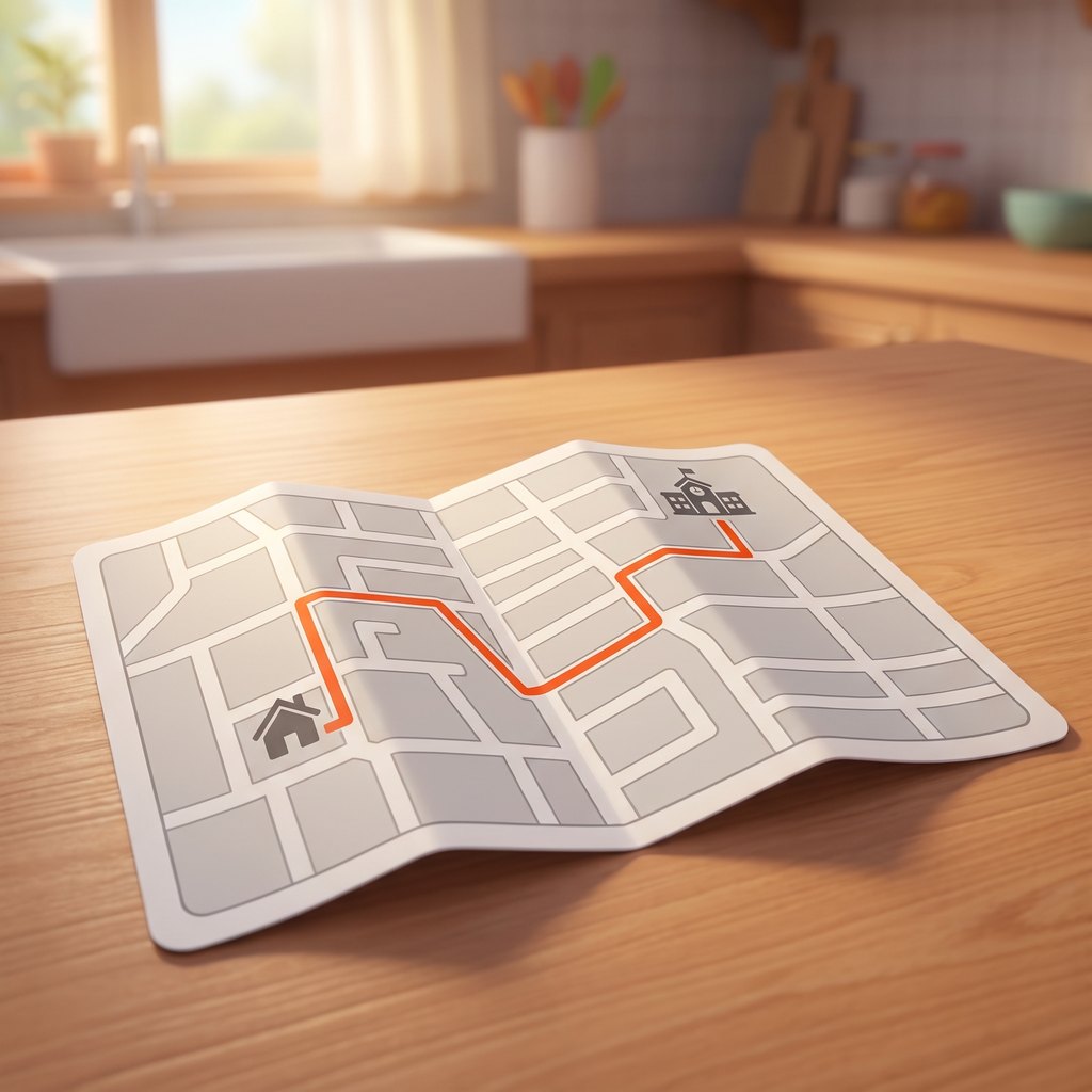 A street map with one route traced in orange.