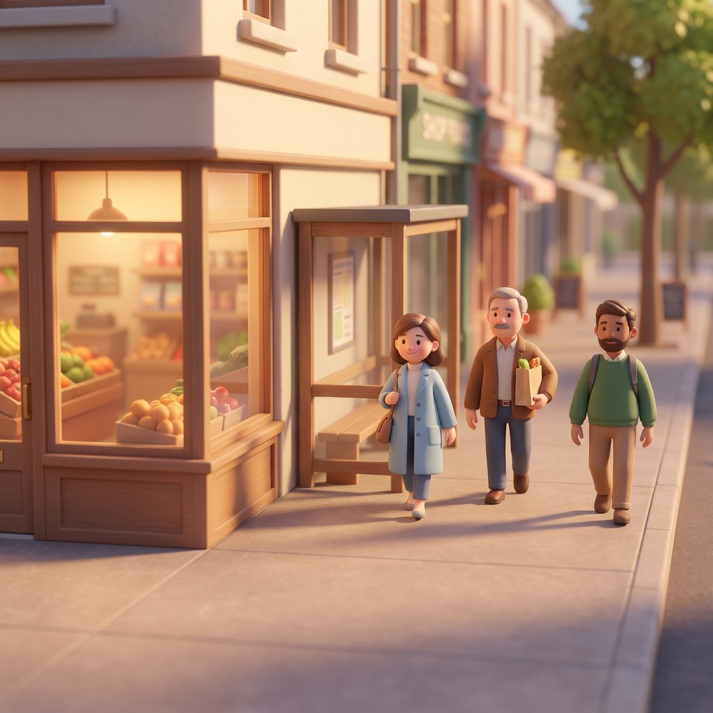The pavement route: shops, a bus stop, three people walking.