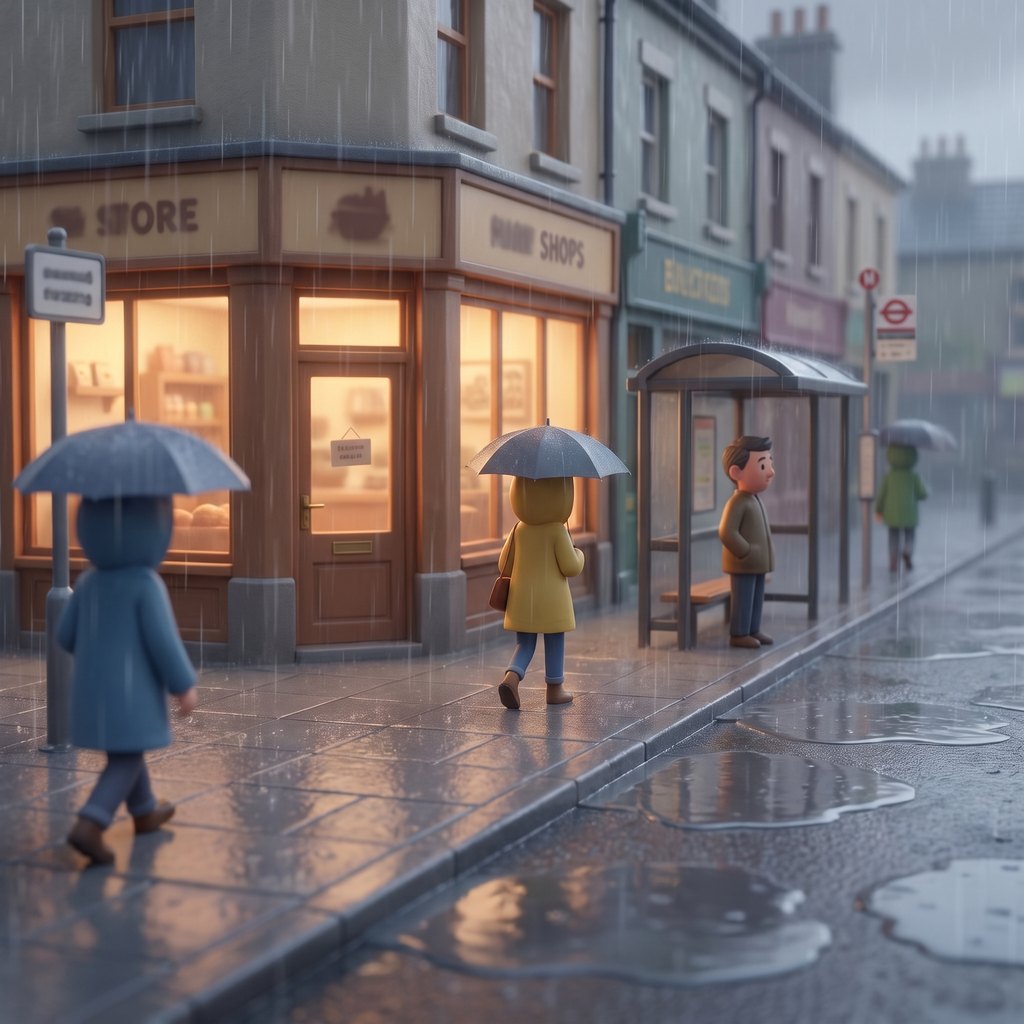 The same pavement route in heavy rain, still shops, still people.