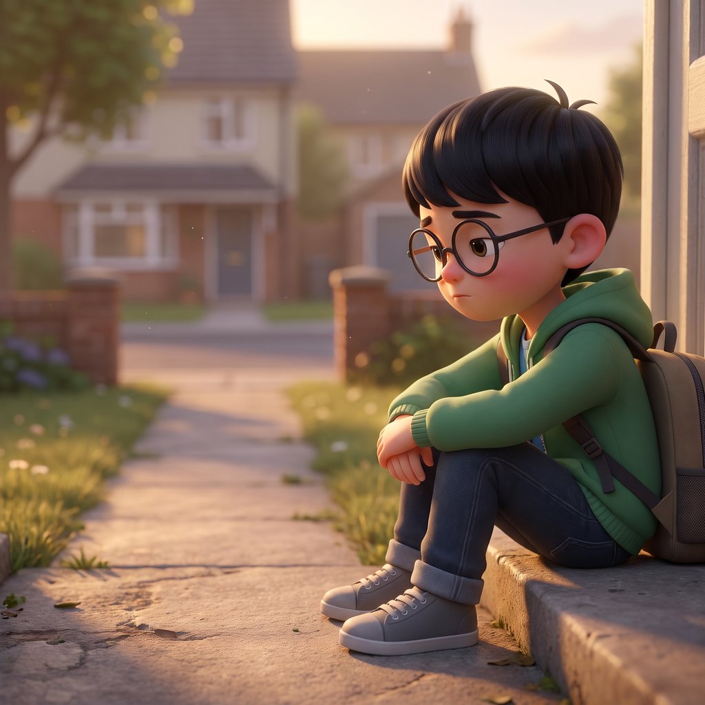 A kid sitting on a doorstep, knees up, nobody about.