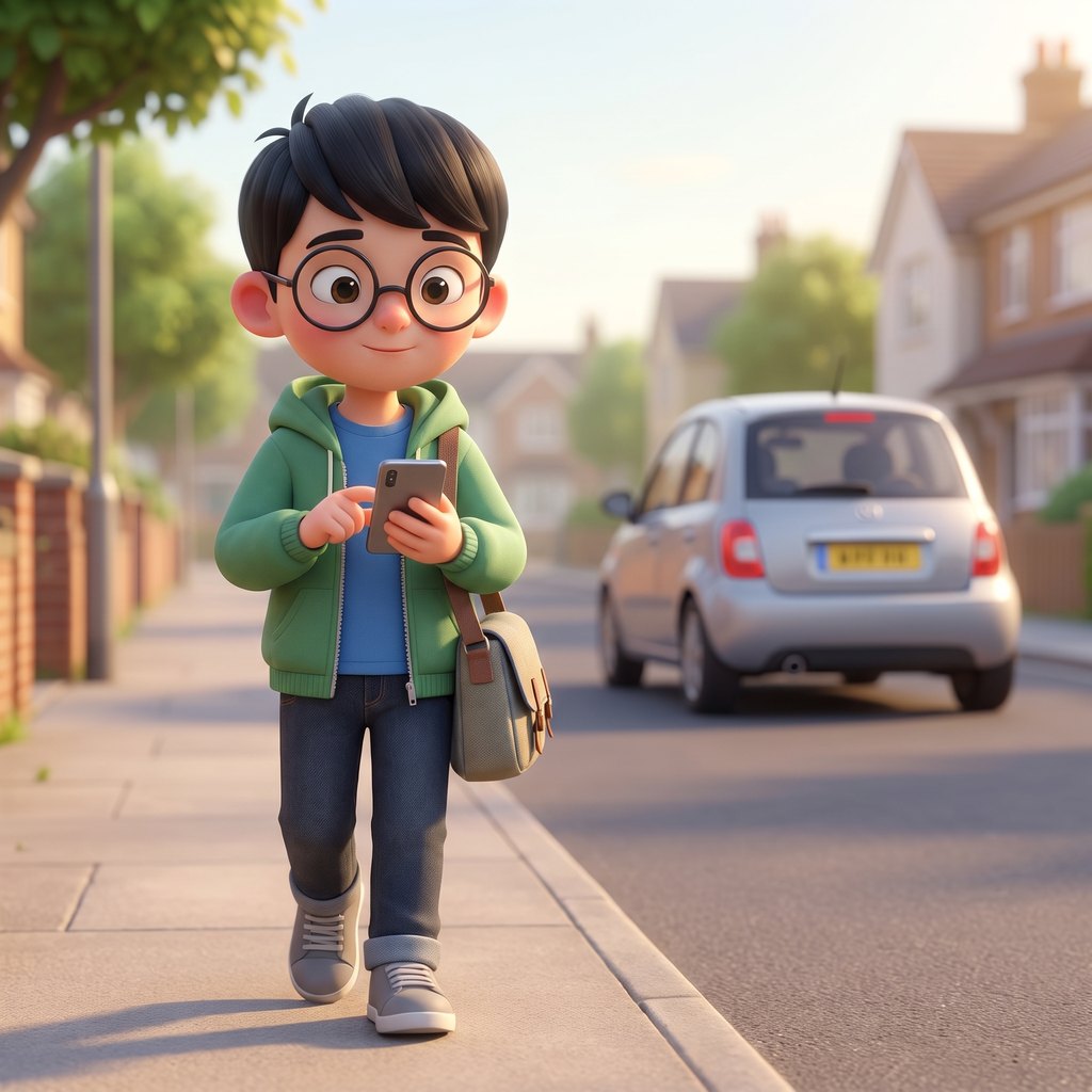 A kid walking on, thumb on a phone, car pulling away behind.