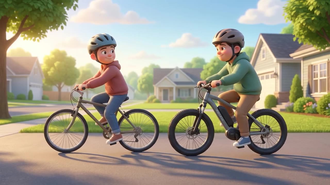 Two young riders in helmets on bikes along a quiet suburban street, one on a pedal bike and one on an e-bike.