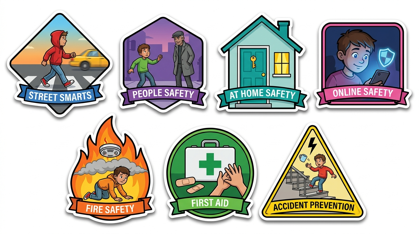The seven illustrated badges